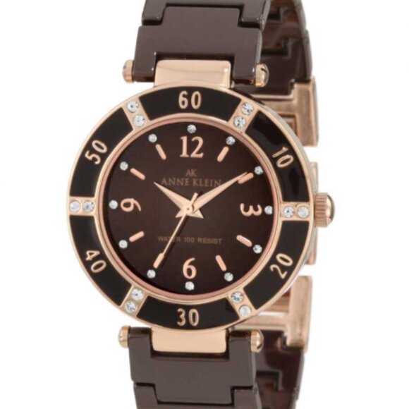 NIB ANNE KLEIN ROSE GOLD TONE BROWN CERAMIC WATCH WITH SWAROVSKI CRYSTALS - Picture 1 of 15